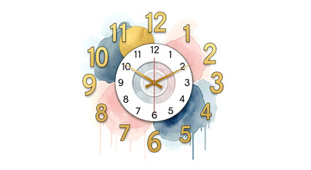 Modern wall clock isolated on transparent background featuring golden numerals