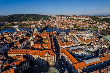 Beautiful Aerial view of Old town Square, the Astronomical Clock, St. Nicholas Church and the Church of Our Lady before Týn in Prague