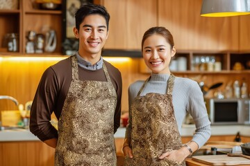 Smiling Couple in Aprons Preparing in a Cozy Kitchen During Daytime