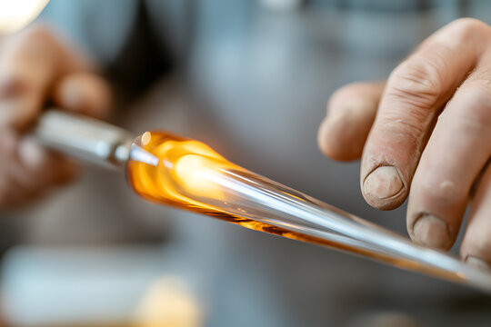 Glassblowing: Molten glass on rod, glowing orange, being shaped by hands. Close-up of the artisan process. Skilled craft of shaping heated glass.