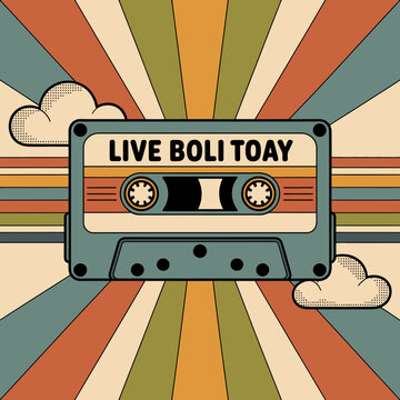 Retro cassette tape with live boli toay label set against a vibrant sunburst background with stylized clouds capturing a vintage music vibe vector