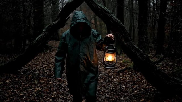 Hooded traveler holding lantern wanders through spooky misty woods, vintage oil lamp illuminates path, trees frame eerie nighttime moment.