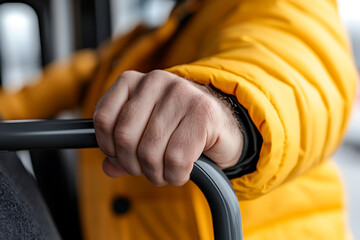 Riding public transport. A person holds onto the handrail of a bus or train, showcasing safety and mobility while traveling in an urban environment.