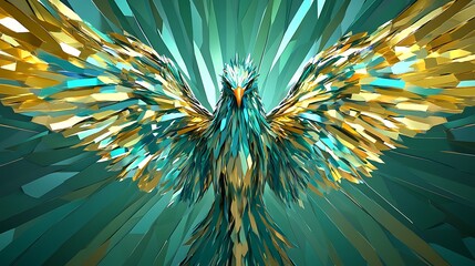 Majestic abstract phoenix with radiant golden and teal wings ascending in a mystical glow
