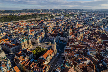 Beautiful Aerial view of Old town Square, the Astronomical Clock, St. Nicholas Church and the Church of Our Lady before Týn in Prague