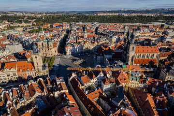 Beautiful Aerial view of Old town Square, the Astronomical Clock, St. Nicholas Church and the Church of Our Lady before Týn in Prague