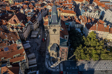 Beautiful Aerial view of Old town Square, the Astronomical Clock, St. Nicholas Church and the Church of Our Lady before Týn in Prague