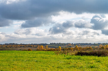 Golden autumn on a hilly plain covered with meadows and forest.