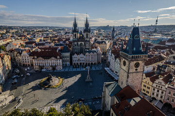 Beautiful Aerial view of Old town Square, the Astronomical Clock, St. Nicholas Church and the Church of Our Lady before Týn in Prague