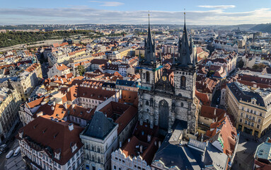 Beautiful Aerial view of Old town Square, the Astronomical Clock, St. Nicholas Church and the Church of Our Lady before Týn in Prague