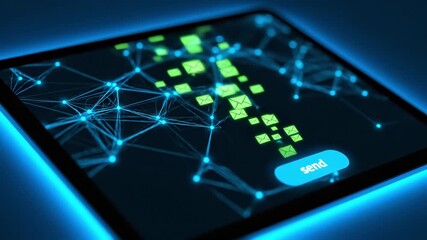  Glowing blue tablet screen showing a network of lines and nodes connected to a cluster of green email or message icons and a prominent "Send" button, representing digital communication - Powered by Adobe