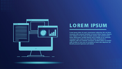 Computer Monitor Displaying Data Documents Statistical Charts and Graphs on Blue Background