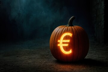 Glowing Jack-o-Lantern with Euro Symbol &mdash; Halloween Finance and Economy Concept