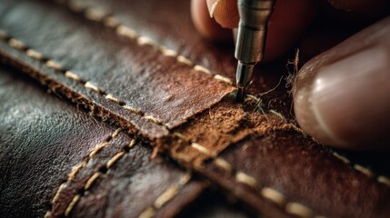 Focused view on patching torn leather on a handbag showing precise stitching with the rest gently out of focus to highlight repair method