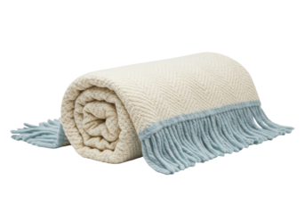 Isolated rolled throw blanket with fringes, soft woven fabric textile on a transparent background