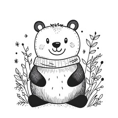 Charming hand drawn sketch of a cute panda bear wearing a scarf surrounded by foliage