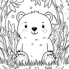 Cute cartoon bear sitting in a forest surrounded by plants and leaves line art