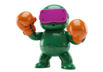 Isolated green toy figure wearing boxing gloves and VR goggles for fighting games, technology