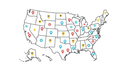 Obraz premium Connected America map showing wifi hotspots, technology hubs and healthcare locations across the United States for business expansion planning