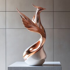 Elegant copper phoenix sculpture with flowing wings on a pedestal against a tiled wall