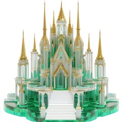 Intricate crystal castle with golden spires and green accents on white background
