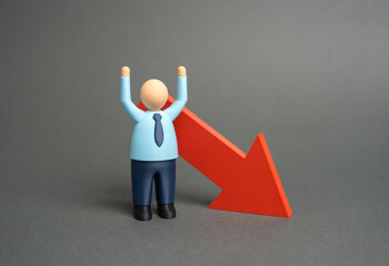 An office worker and a downward-facing arrow. Mass layoffs, salary cuts. Economic crisis, instability, and loss of motivation. Financial downturn, inflation, and unemployment.