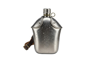 Isolated vintage military water canteen, aluminum flask with carrying strap and stopper