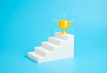The winner's cup at the top of the steps. Pinnacle of achievement, career or athletic success. Reward for reaching the top. Leadership, motivation, personal victory. Business, sport, education themes.