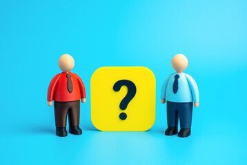 Competing businessmen and a question mark between them. A temporary alliance. Relationships and cooperation. The subject of a dispute. Negotiation, strategy, and corporate diplomacy.
