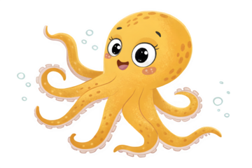 Cute cartoon yellow octopus with big eyes and bubbles isolated on transparent background