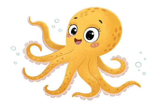 Cute cartoon yellow octopus with big eyes and bubbles isolated on transparent background - Powered by Adobe