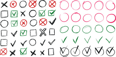 Hand drawn check mark and circle doodle set. Tick, cross, checkbox, and highlight symbols in colorful marker sketch style. Vector isolated icons for checklist, school, and office design