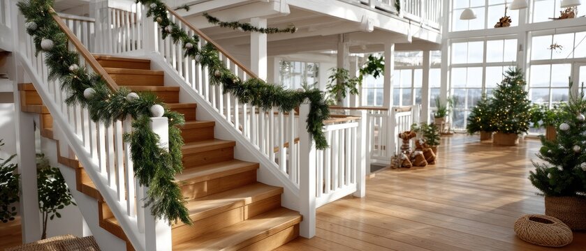 Warm light illuminates a festive staircase decorated with garlands and ornaments, creating a welcoming atmosphere for the holiday season