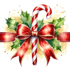 Watercolor christmas red and white candy cane, with a red ribbon. The candy cane is decorated with golden glitter and holly isolated on a white background. Perfect illustration for winter designs