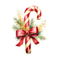 Watercolor christmas red and white candy cane, with a red ribbon. The candy cane is decorated with golden glitter, golden and green fir branches, isolated on a white background. Perfect for winter