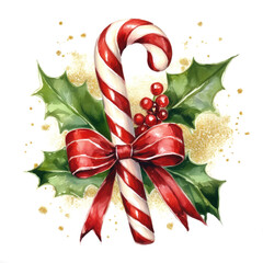 Watercolor christmas red and white candy cane, with a red ribbon. The candy cane is decorated with golden glitter, holly and red berries isolated on a white background. Perfect illustration for winter