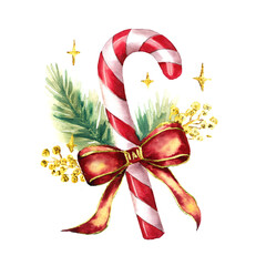 Watercolor christmas red and white candy cane, with a red ribbon. The candy cane is decorated with golden glitter, fir branches, golden berries and stars isolated on a white background. 