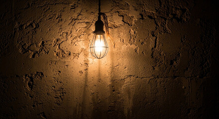 Edison light bulb hanging against a textured concrete wall, casting a warm glow in the darkness