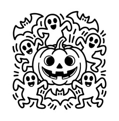 a whimsical black and white doodle-style halloween scene with jack-o'-lantern, ghost, witch, and spooky elements
