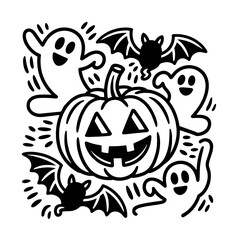 a whimsical black and white doodle-style halloween scene with jack-o'-lantern, ghost, witch, and spooky elements	