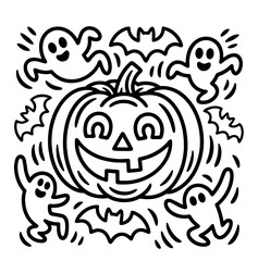 a whimsical black and white doodle-style halloween scene with jack-o'-lantern, ghost, witch, and spooky elements
