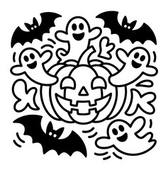 a whimsical black and white doodle-style halloween scene with jack-o'-lantern, ghost, witch, and spooky elements	