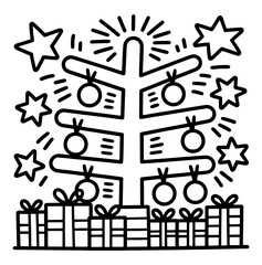 Outlined christmas tree with star and ornaments festive holiday season design
