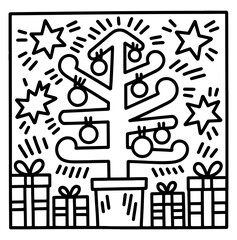 Outlined christmas tree with star and ornaments festive holiday season design
