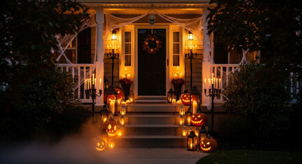 A spooky halloween decorated house with pumpkins and lights, creating a festive and eerie atmosphere