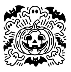 a whimsical black and white doodle-style halloween scene with jack-o'-lantern, ghost, witch, and spooky elements
