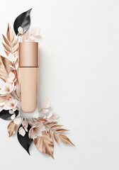Elegant foundation bottle with floral decoration on white background, perfect for cosmetic ads