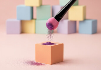 Cosmetic brush with glitter and colorful sponge cubes, ideal for beauty and makeup concepts