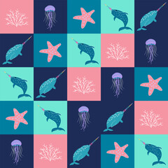 Seamless checkered pattern featuring narwhals, jellyfish, starfish, and coral branches in pastel blue, pink, and navy squares. Perfect for textiles, wallpapers, kids decor, and wrapping paper.
