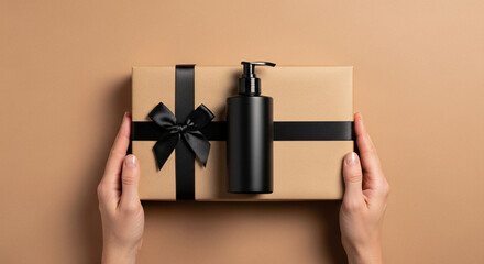 Top view of hands holding a gift box with a black ribbon and a bottle of cosmetic product